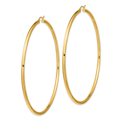 14K Yellow Gold Polished 3X90mm Lightweight Round Tube Hoop Earrings