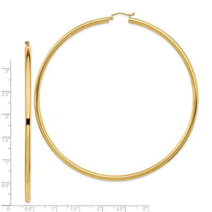 14K Yellow Gold Polished 3X90mm Lightweight Round Tube Hoop Earrings