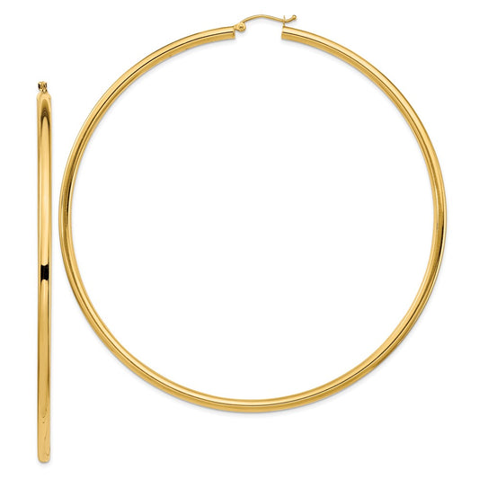 14K Yellow Gold Polished 3X90mm Lightweight Round Tube Hoop Earrings
