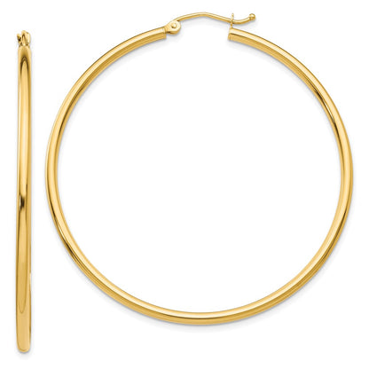 14K Yellow Gold Polished 2X50mm Lightweight Tube Hoop Earrings