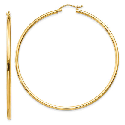 14K Yellow Gold Polished 2X60mm Lightweight Tube Hoop Earrings
