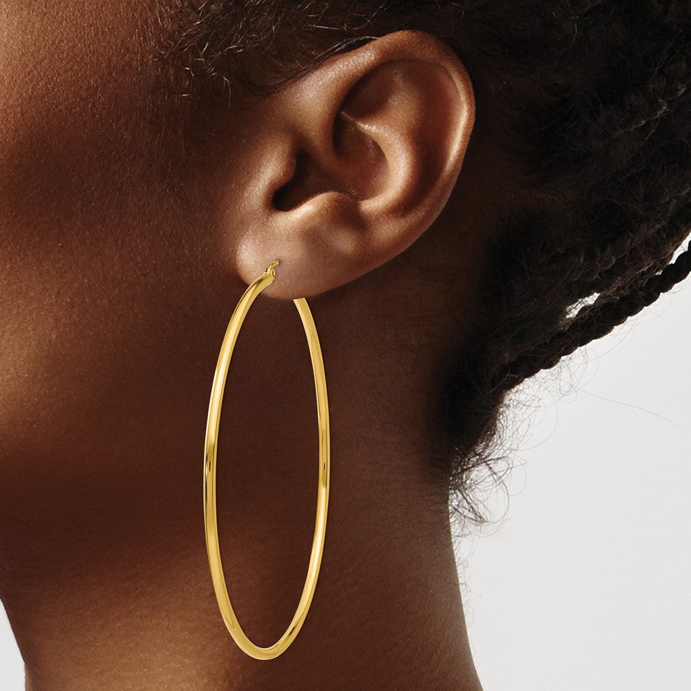 14K Yellow Gold Polished 2X65mm Tube Hoop Earrings