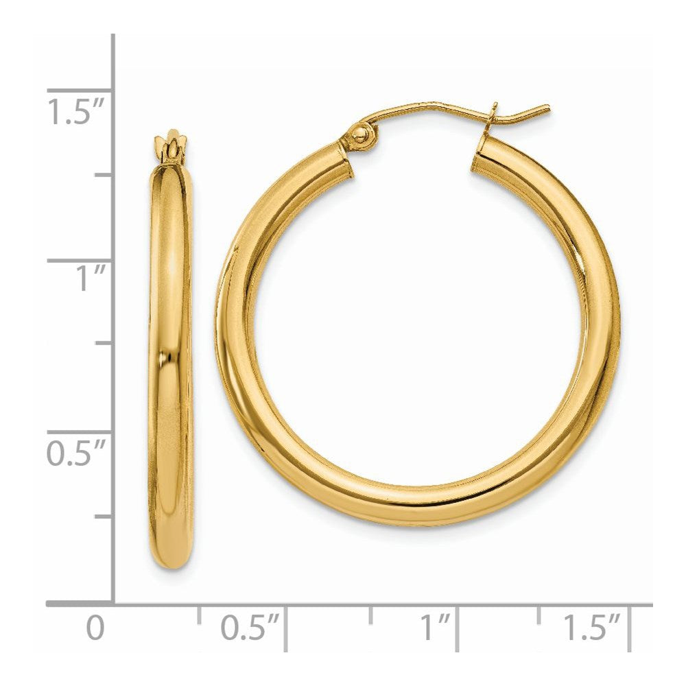 14K Yellow Gold Polished 3mm Lightweight Tube Hoop Earrings
