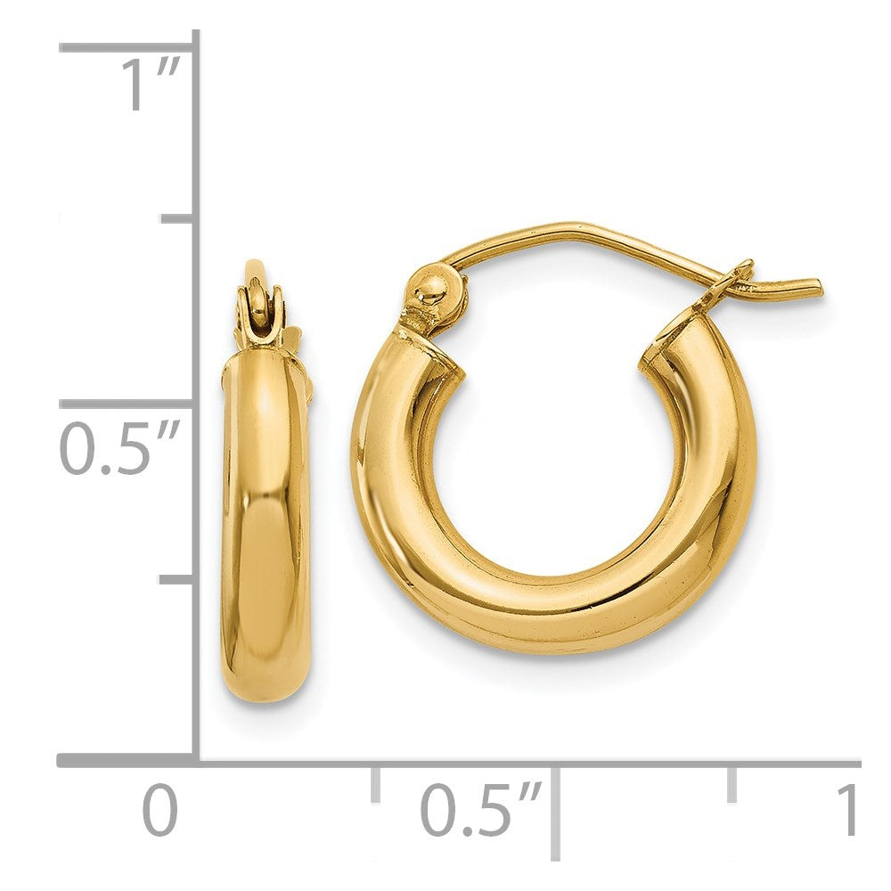 14K Yellow Gold Polished 3mm Lightweight Tube Hoop Earrings