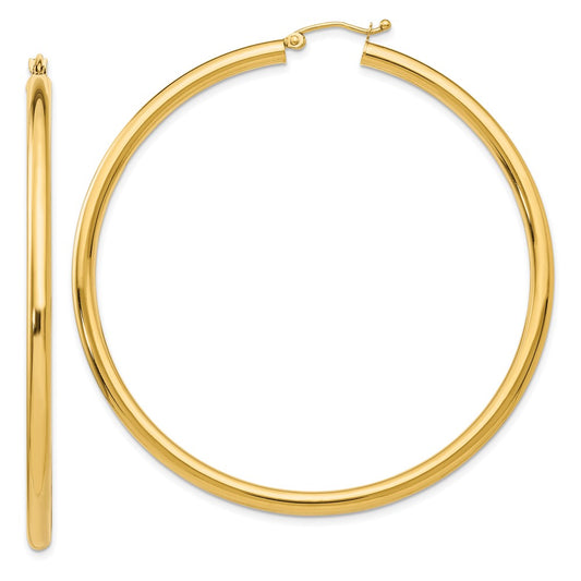 14K Yellow Gold Polished 3mm Lightweight Tube Hoop Earrings