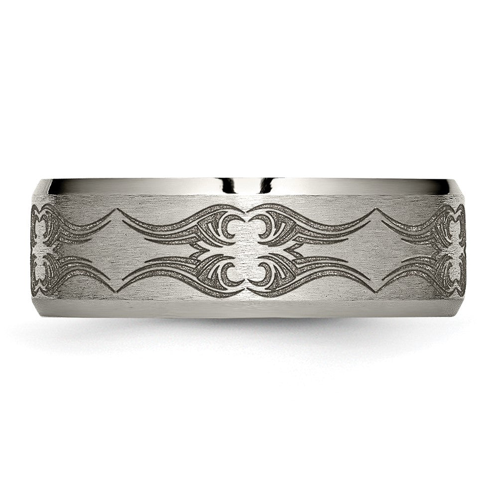 Titanium Brushed & Polished Laser Design 8mm Beveled Edge Band (Size 12.5 Only)