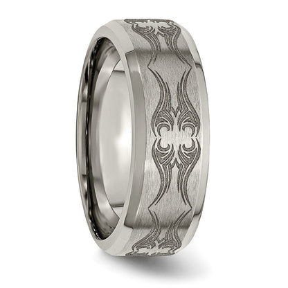 Titanium Brushed & Polished Laser Design 8mm Beveled Edge Band (Size 12.5 Only)