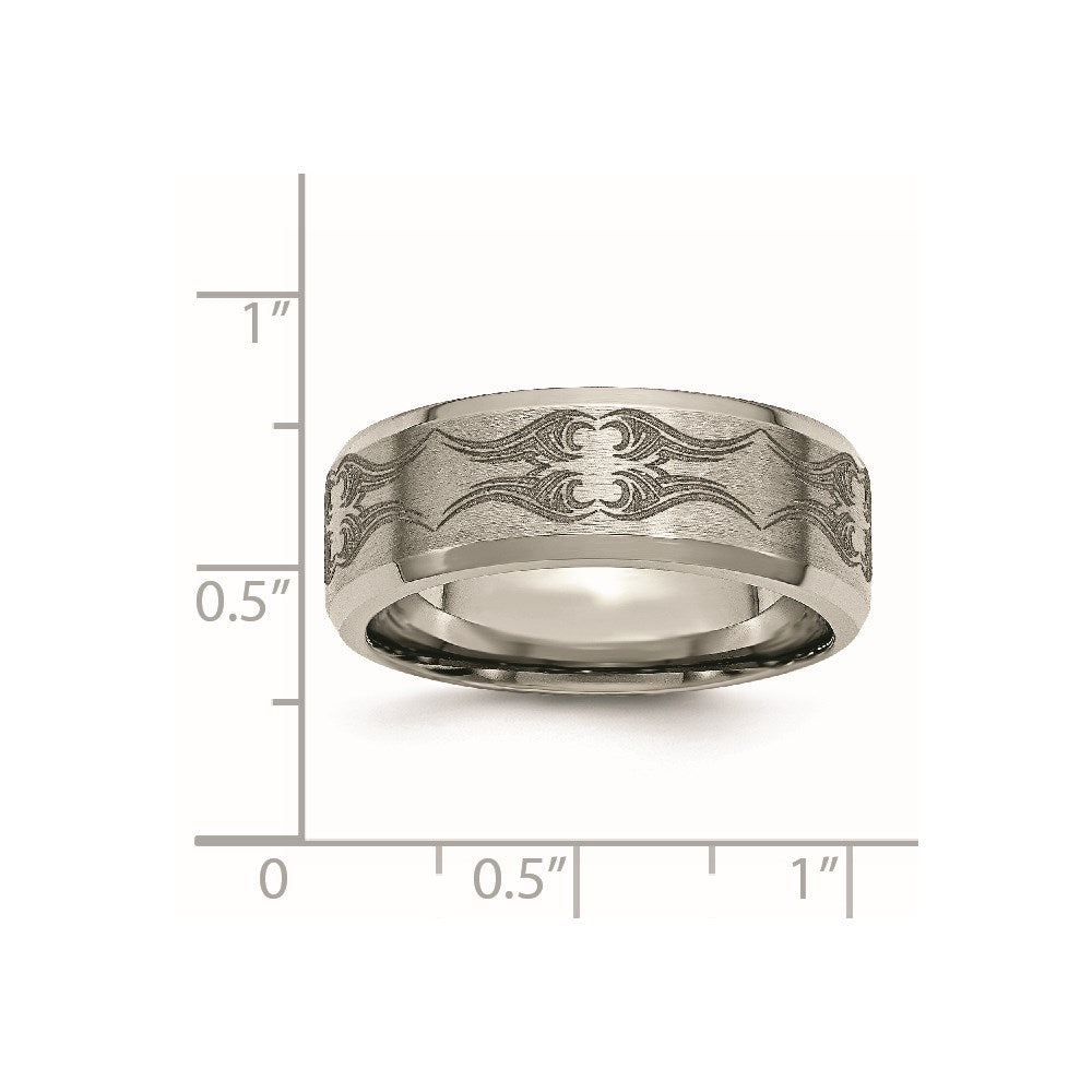 Titanium Brushed & Polished Laser Design 8mm Beveled Edge Band (Size 12.5 Only)