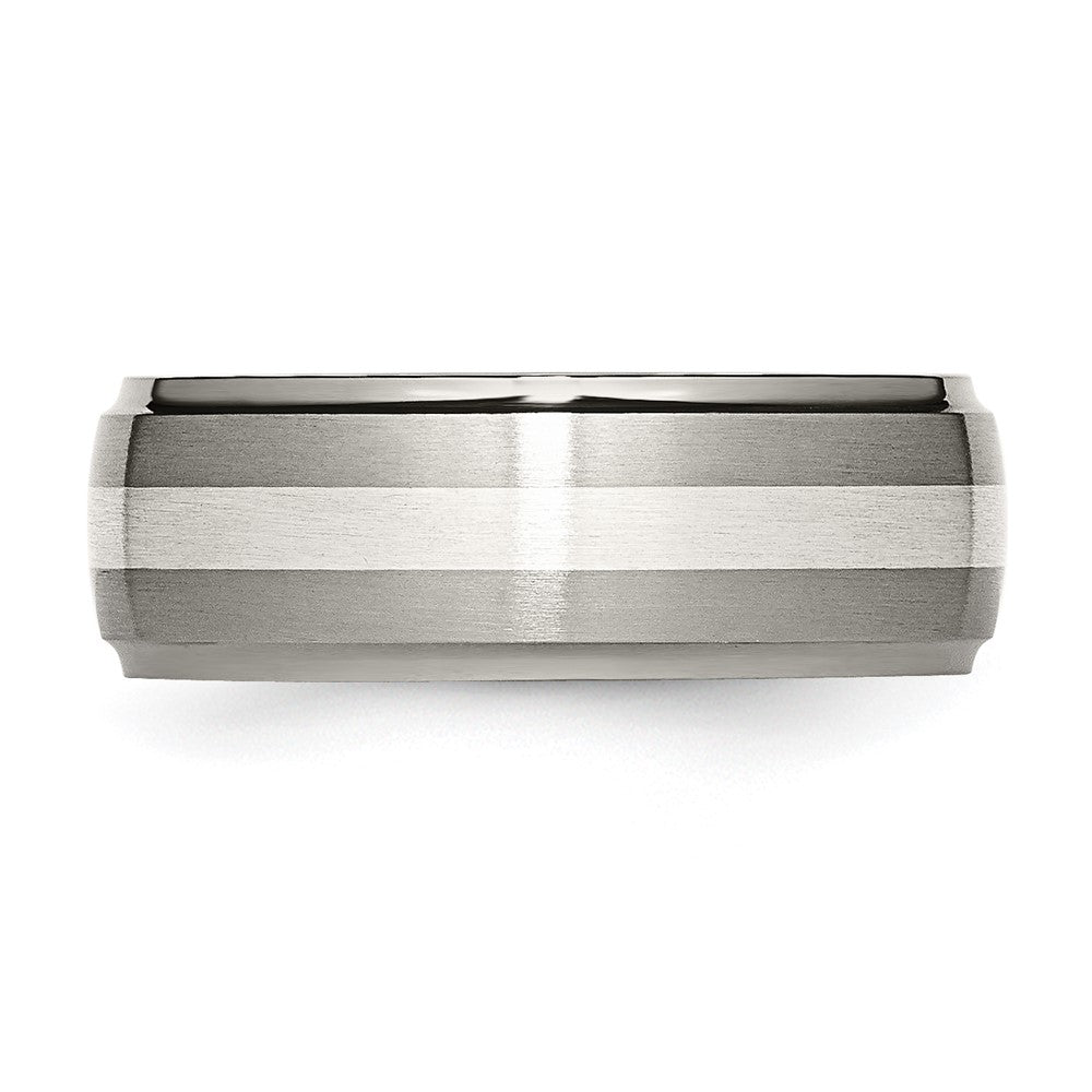 Titanium/Silver Two Tone Titanium Ridged Edge Sterling Silver Inlay 8mm Brushed/Polished Band