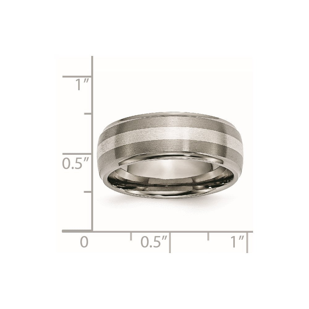 Titanium/Silver Two Tone Titanium Ridged Edge Sterling Silver Inlay 8mm Brushed/Polished Band