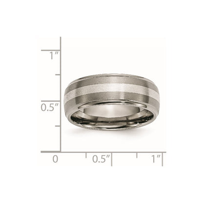 Titanium/Silver Two Tone Titanium Ridged Edge Sterling Silver Inlay 8mm Brushed/Polished Band