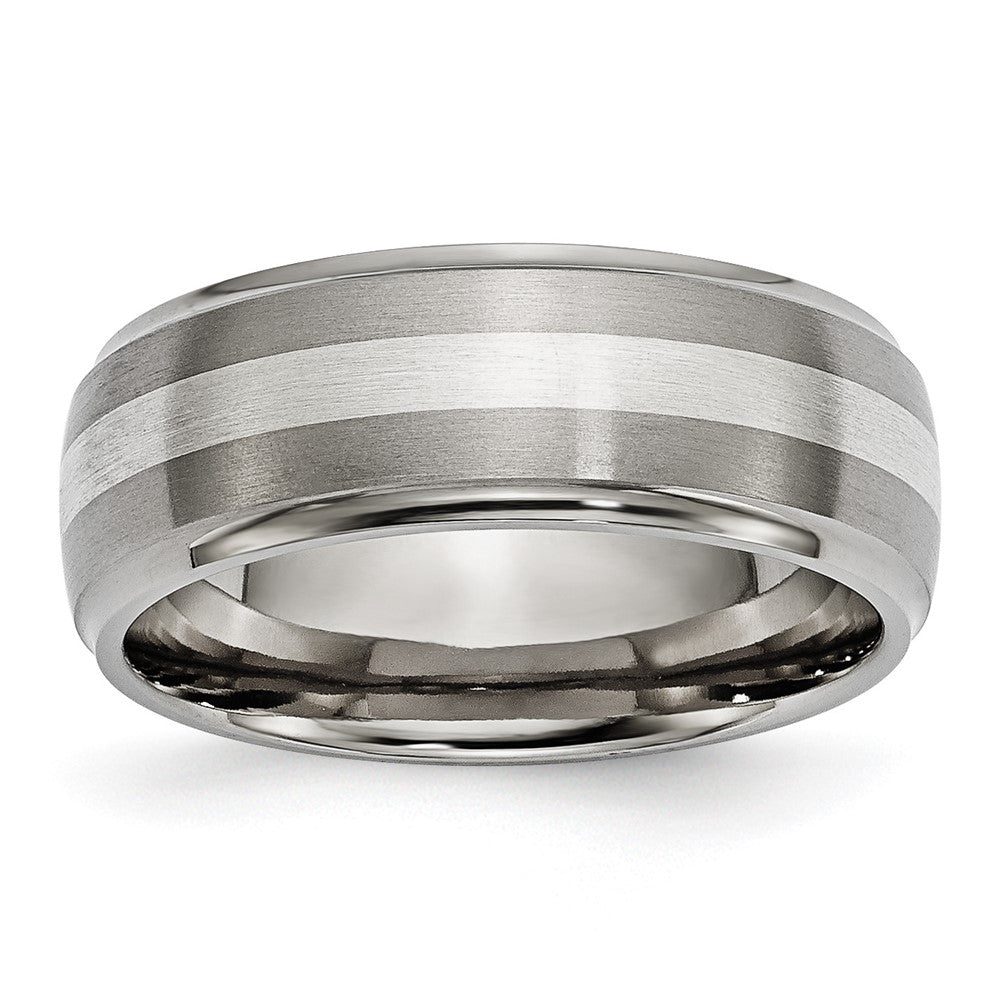 Titanium/Silver Two Tone Titanium Ridged Edge Sterling Silver Inlay 8mm Brushed/Polished Band