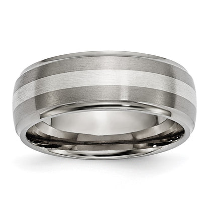 Titanium/Silver Two Tone Titanium Ridged Edge Sterling Silver Inlay 8mm Brushed/Polished Band