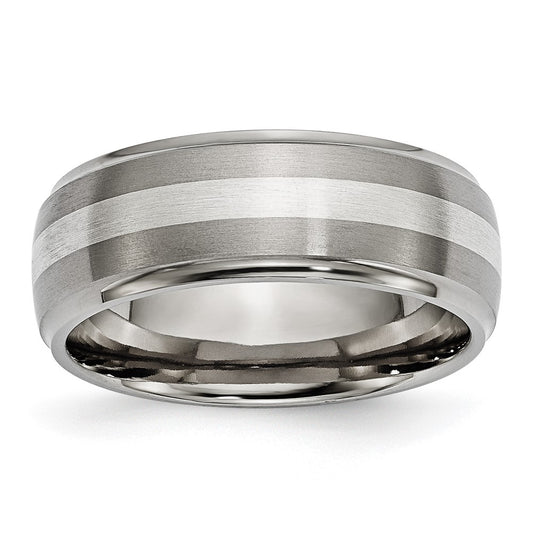 Titanium/Silver Two Tone Titanium Ridged Edge Sterling Silver Inlay 8mm Brushed/Polished Band