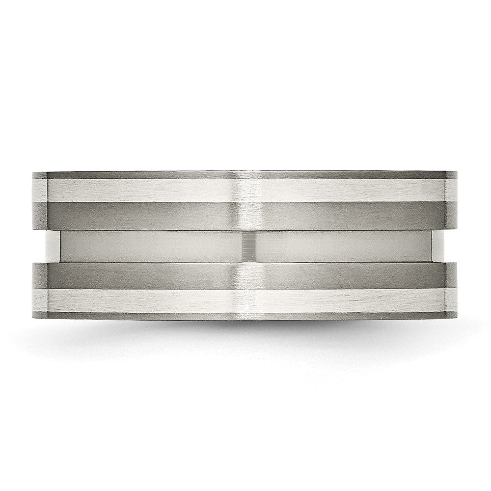 Titanium/Silver Two Tone Titanium Brushed Sterling Silver Inlay 8mm Grooved Band