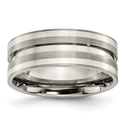Titanium/Silver Two Tone Titanium Brushed Sterling Silver Inlay 8mm Grooved Band