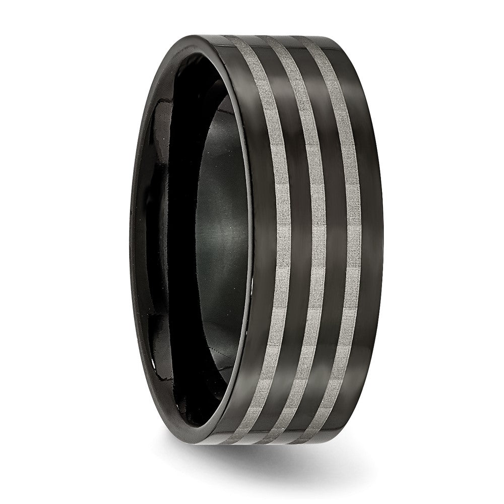 Titanium Polished 8mm Black Ip Plated Satin Stripes Band