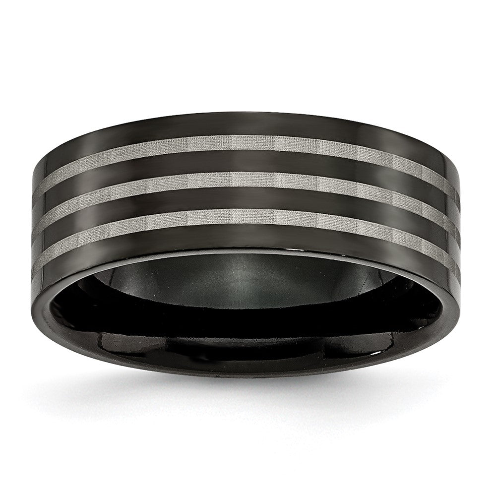 Titanium Polished 8mm Black Ip Plated Satin Stripes Band