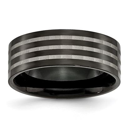 Titanium Polished 8mm Black Ip Plated Satin Stripes Band