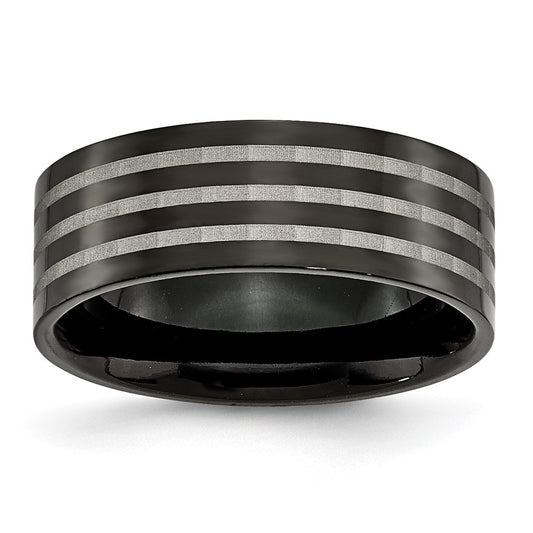 Titanium Polished 8mm Black Ip Plated Satin Stripes Band