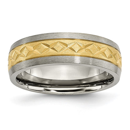 Titanium 7mm Yellow Ip Plated X Design Grooved Satin Band
