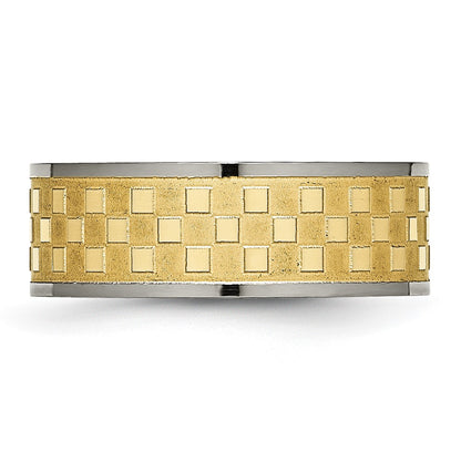 Titanium 8mm Yellow Ip Plated Satin And Polished Checkered Band