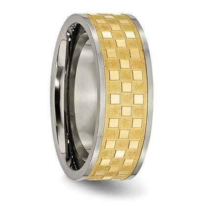 Titanium 8mm Yellow Ip Plated Satin And Polished Checkered Band