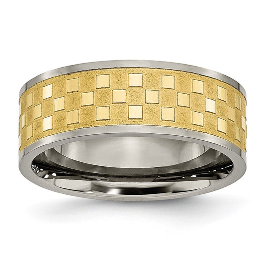 Titanium 8mm Yellow Ip Plated Satin And Polished Checkered Band