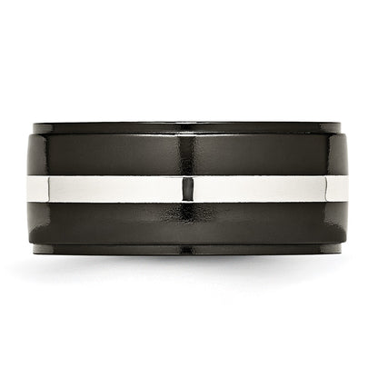 Titanium/Silver Two Tone Titanium Black Ti With Sterling Silver Inlay Polished 10mm Band