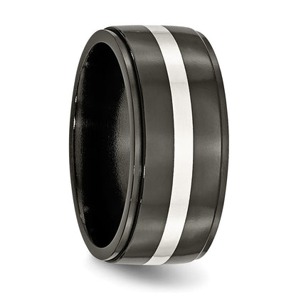 Titanium/Silver Two Tone Titanium Black Ti With Sterling Silver Inlay Polished 10mm Band