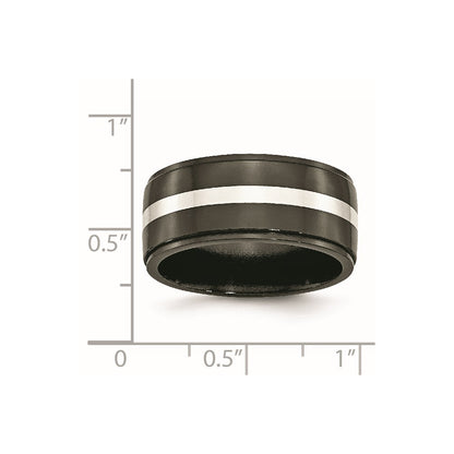 Titanium/Silver Two Tone Titanium Black Ti With Sterling Silver Inlay Polished 10mm Band