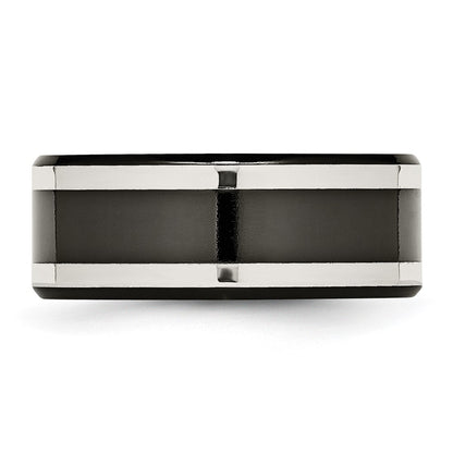 Titanium/Silver Two Tone Titanium Black Ti With Sterling Silver Inlay Polished 9mm Flat Band