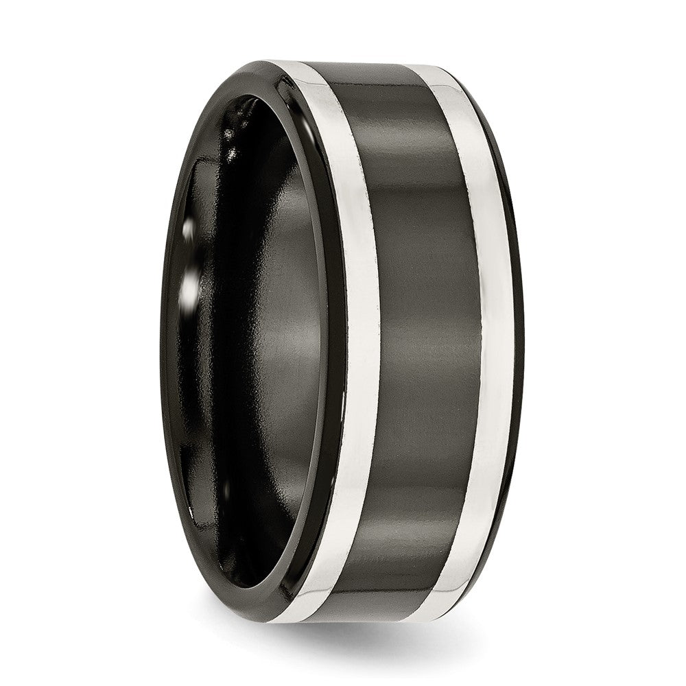 Titanium/Silver Two Tone Titanium Black Ti With Sterling Silver Inlay Polished 9mm Flat Band