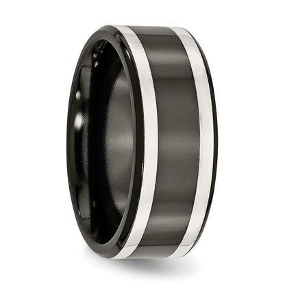 Titanium/Silver Two Tone Titanium Black Ti With Sterling Silver Inlay Polished 9mm Flat Band