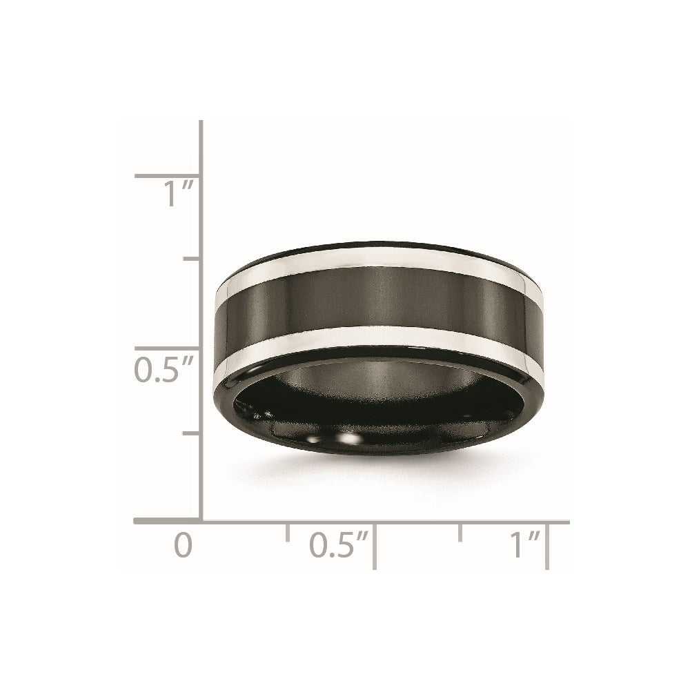 Titanium/Silver Two Tone Titanium Black Ti With Sterling Silver Inlay Polished 9mm Flat Band