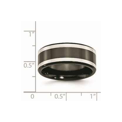 Titanium/Silver Two Tone Titanium Black Ti With Sterling Silver Inlay Polished 9mm Flat Band