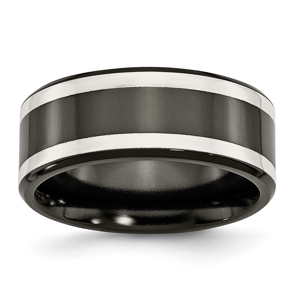 Titanium/Silver Two Tone Titanium Black Ti With Sterling Silver Inlay Polished 9mm Flat Band