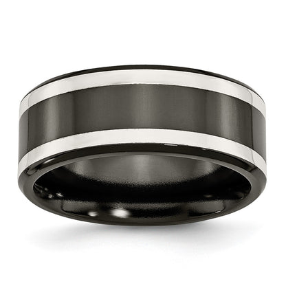 Titanium/Silver Two Tone Titanium Black Ti With Sterling Silver Inlay Polished 9mm Flat Band