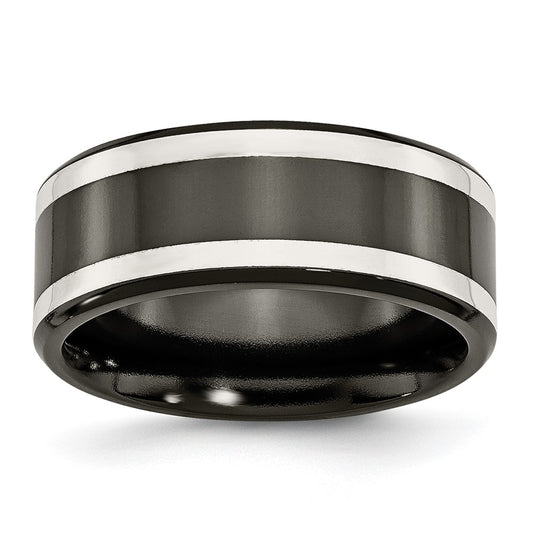 Titanium/Silver Two Tone Titanium Black Ti With Sterling Silver Inlay Polished 9mm Flat Band