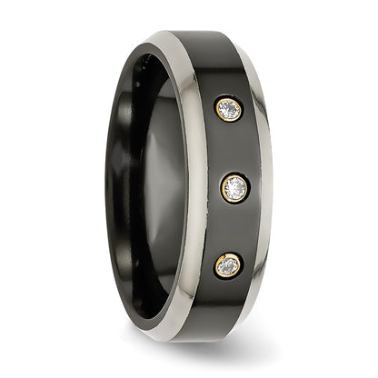 Titanium Black Ti 14K Inlay 1/10Ct Diamond Beveled Edge 7mm Band (Size 11.5 Only)