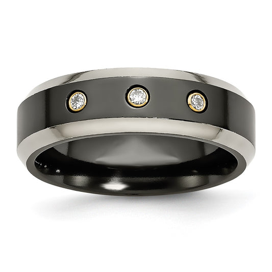 Titanium Black Ti 14K Inlay 1/10Ct Diamond Beveled Edge 7mm Band (Size 11.5 Only)