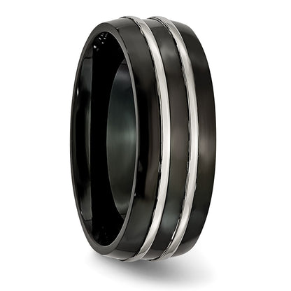 Titanium Grooved 8mm Black Ip Plated Brushed & Polished Band