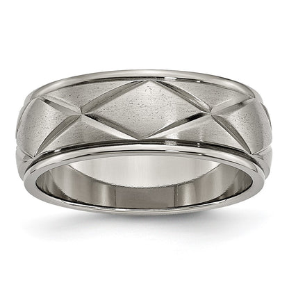 Titanium Polished X Design 8mm Satin Center Ridged Edge Band