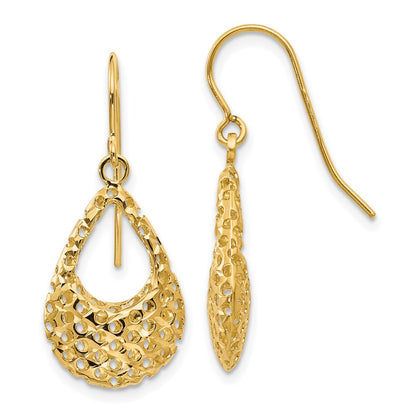 10K Yellow Gold Textured D/C Shepherd Hook Dangle Earrings