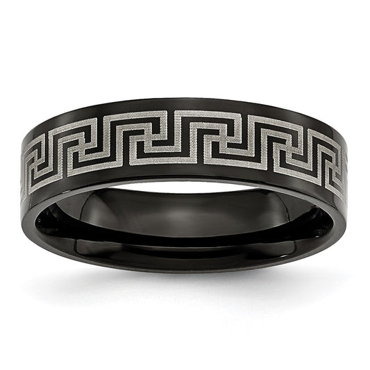 Titanium Brushed/Polished Black Ip Laser Etched Greek Key 6mm Band