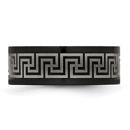 Titanium Black Ip Plated Greek Key Laser Etched 8mm Brushed/Polished Band