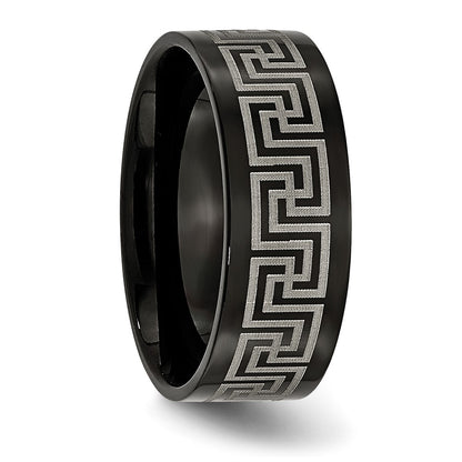 Titanium Black Ip Plated Greek Key Laser Etched 8mm Brushed/Polished Band