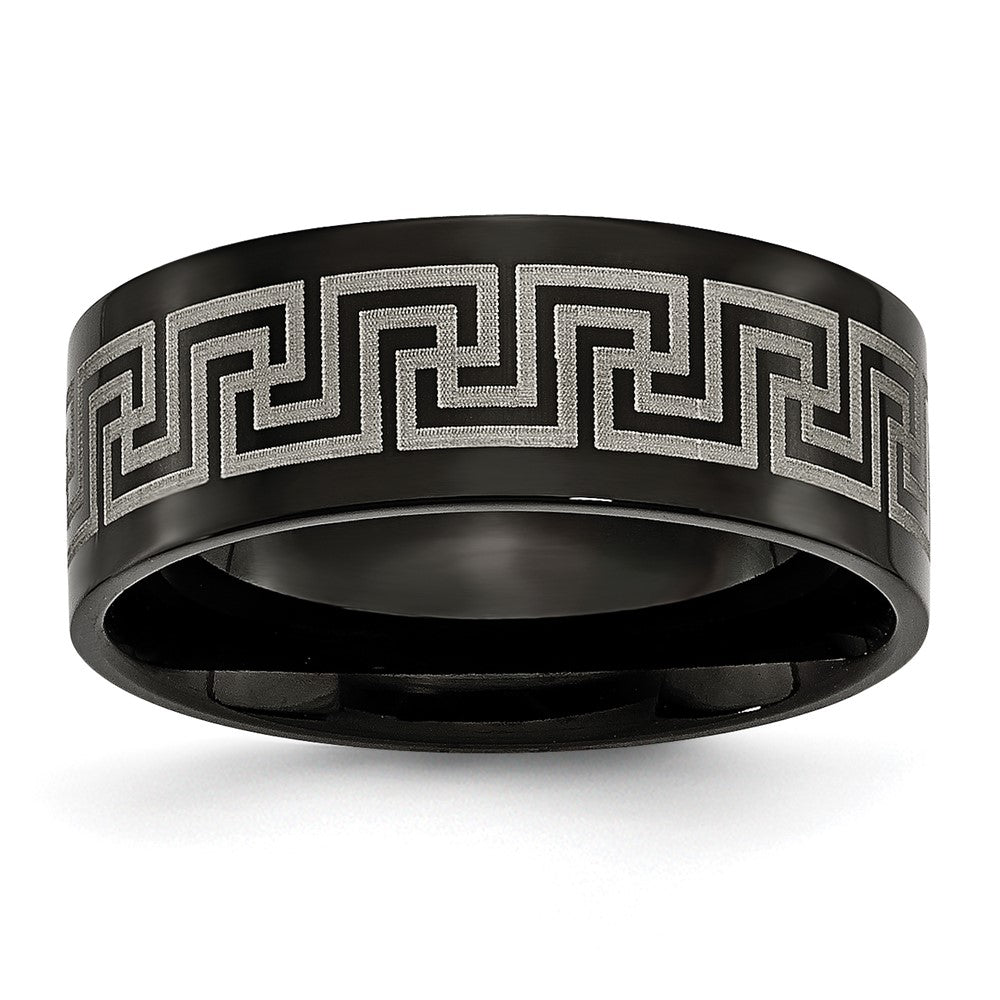 Titanium Black Ip Plated Greek Key Laser Etched 8mm Brushed/Polished Band