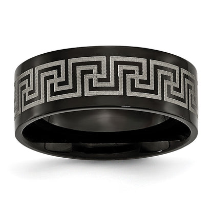 Titanium Black Ip Plated Greek Key Laser Etched 8mm Brushed/Polished Band