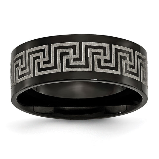 Titanium Black Ip Plated Greek Key Laser Etched 8mm Brushed/Polished Band